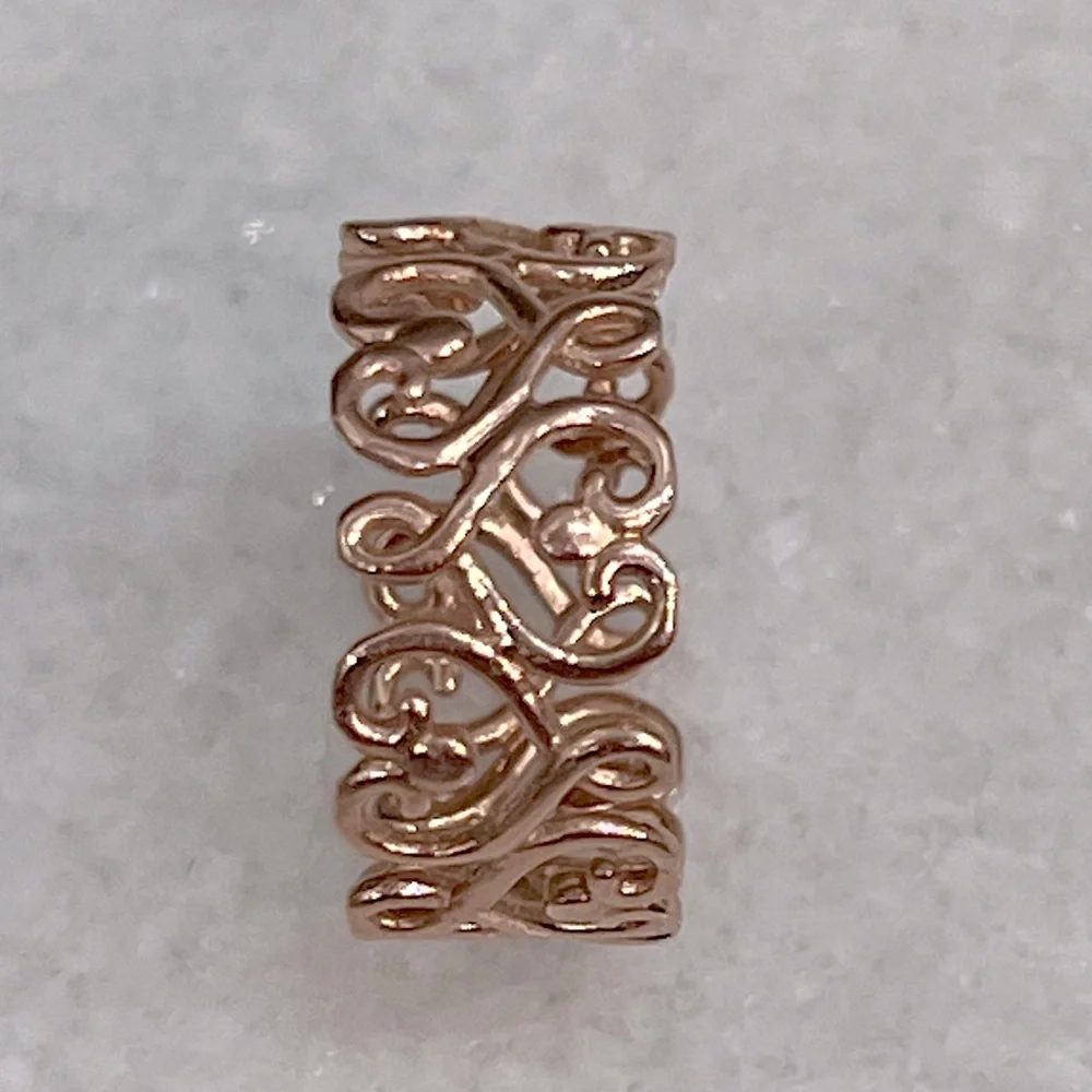 14K RG Sterling Silver Scrolled Heart Filigree Band Ring Sz 8